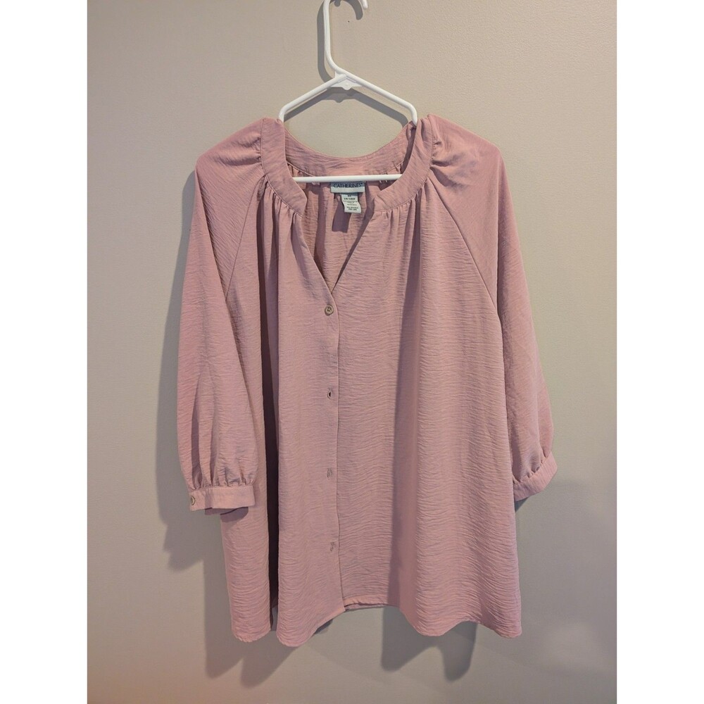 CATHERINES 3x Womens Pink Dusty Rose Button Up Blouse 3/4 Balloon Sleeve